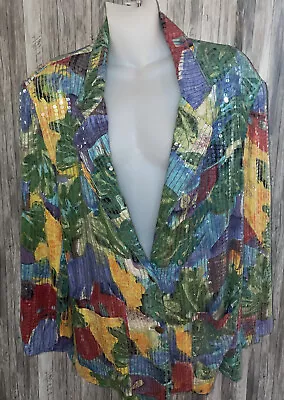 Buy JA RESORT  Jacket Art To Wear Multicolor Print Sequins Vintage Sz L * Chic Retro • 19.73£