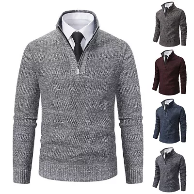 Buy Mens Fleece Lined Jumper Tops Zipper V Neck Collar Winter Sweater Shirt Pullover • 13.49£