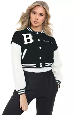 Buy Women Baseball Jacket Cropped Varsity Zip Up Bomber Letter Pattern Slim Fit Pu • 16£