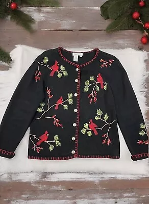 Buy VTG Coldwater Creek Sweater Cardigan L Black Knit Button Up Winter Birds Nature • 28.34£