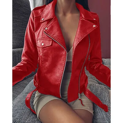 Buy Ladies Faux PU Leather Zip Formal Coat Women's Biker Jacket Slim Plus Size UK • 32.56£