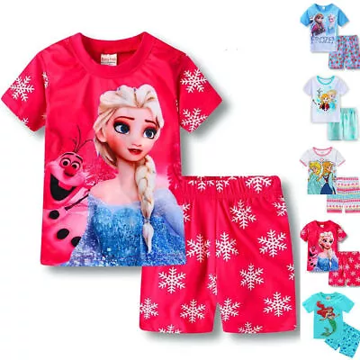 Buy Frozen Elsa Anna Girl's Pajamas Sets T Shirt Tops Shorts Nightwear Sleepwear • 10.49£