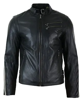 Buy Mens Slim Fit Short Real Leather Biker Racing Jacket Stripes Sleeves Zipped • 126.49£