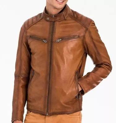 Buy Men Tan Brown Motorcycle Lambskin Aviator  Casual Distressed Wax Leather Jacket • 23.22£
