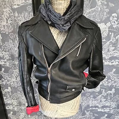 Buy Black Vintage Red Lined Biker Leather Jacket • 40£