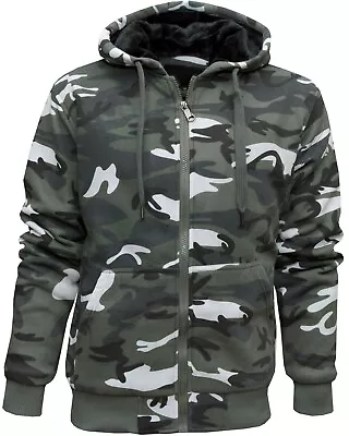 Buy Mens Camouflage Hoodie Fur Lined Full Zip Army Camo Hooded Winter Jacket M - 3XL • 26.95£