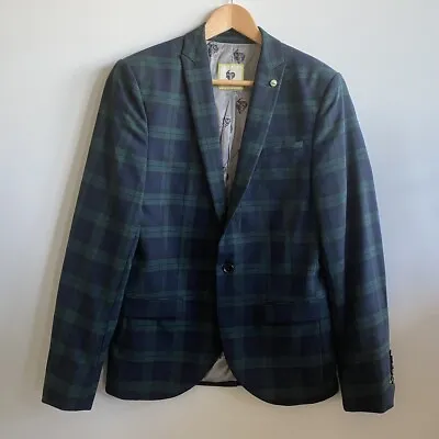 Buy Noose & Monkey Blazer Jacket Mens 98% Wool Navy Blue Green Check Size 38 R • 24.99£