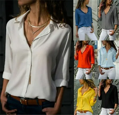 Buy Womens Chiffon V Neck Tops Ladies Long Sleeve Buttons T Shirt Blouse Plus Size • 6.59£