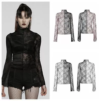 Buy Punk Rave Gothic Spliced Lace T-shirt Contrast Color Slim T-shirt Lace Print Top • 28.79£