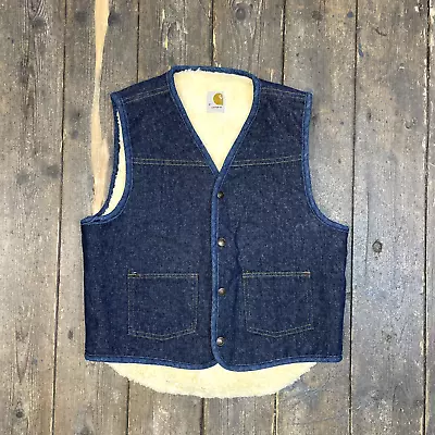 Buy Carhartt Gilet Sherpa Lined 80s Snap Workwear Vest Jacket, Denim Blue, Mens M • 85£