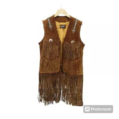 Buy Vintage MDK Tan Suede Vest Fringed Beaded 1980's Western Size XXL - CG C40 • 16.39£