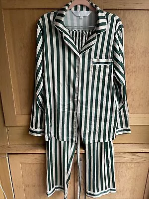 Buy The Nap Co. Women’s Medium Green And White Striped Pyjamas PJ’s Silk Style Night • 34.99£
