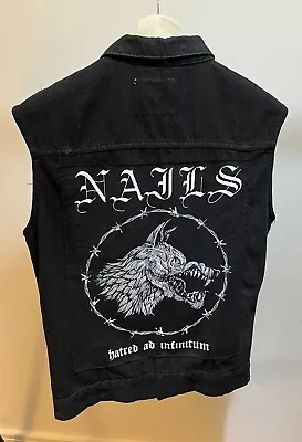 Buy Nails Back Patch Black Sleeveless Denim Jacket Gilet Medium Heavy Metal • 20£