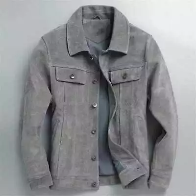 Buy Leather Trucker Jacket For Men Gray  Pure Suede Custom Made Size S M L XXL 3XL • 136.61£