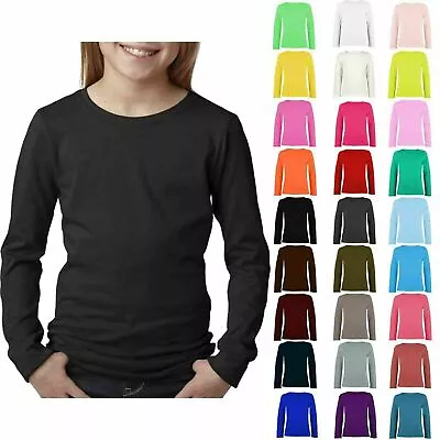 Buy Girls Kids Plain Basic Long Sleeve Round Neck T-Shirt Stretch School Tee Top • 5.95£