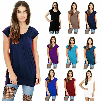 Buy Ladies Women's Low Cut Plain Hip Long Line Top Gathering T Shirt Tunic Summer Uk • 8.99£