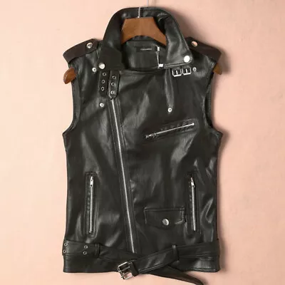 Buy Mens Punk Faux Leather Waistcoat Motorcycle Biker Vest Jacket Zipper Fashion New • 53.05£