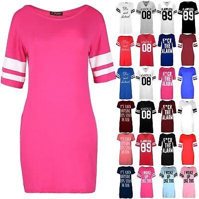 Buy Womens Cap Sleeve Bodycon Ladies Sports Stripes Sleeve Varsity Baggy Tunic Top • 4.49£