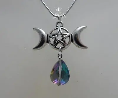 Buy Mystic Crystal Triple Moon And Pentagram Necklace Wiccan Pagan Jewellery Gift • 6.95£