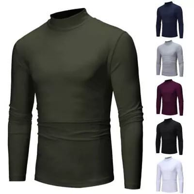 Buy Mens Cotton High Neck Tops Polo Long Sleeve Baselayer Turtle Neck Jumper T-Shirt • 10.69£
