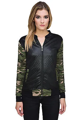 Buy Ladies Bomber Biker Quilted Camouflage Zip Up Long Sleeve Jacket Army Coat FZ90 • 14.99£