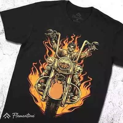 Buy Biker Skull T-Shirt Motorcycles Skull Skeleton Rider In Flames Two Wheels P918 • 11.99£
