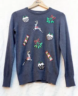Buy WAREHOUSE Grey Charcoal Sequin Wool Mix Christmas Jumper Size 8 • 29£
