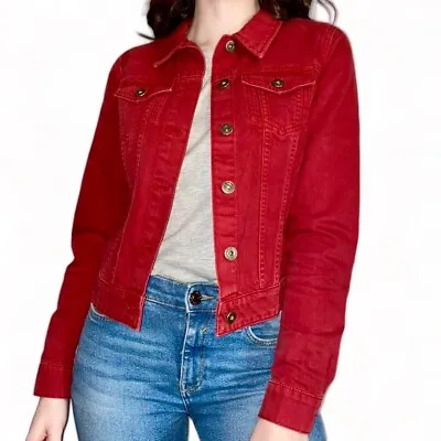 Buy ONLY : Women’s Casual Long Sleeve Red Button Down 100% Cotton Denim Jean Jacket • 12.97£