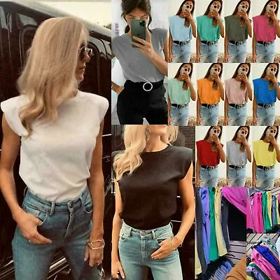 Buy Ladies Padded Shoulder Italian Sleeveless Tee T-Shirt Summer Women's Top Fashion • 12.93£
