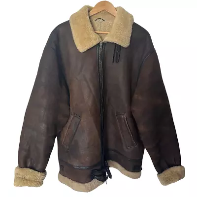 Buy Vintage Mens Aviator B3 Flight Brown Leather Sheepskin Shearling Bomber Jacket • 125£