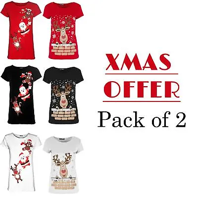Buy Womens Ladies Christmas Printed Cap Sleeve Xmas Basic Casual T Shirt Top 2 COMBO • 4.99£