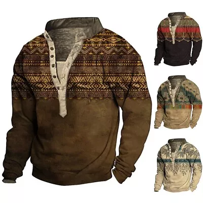 Buy Men Tribal Totem  Ethnic Henley Collar Sweatshirt Graphic Pullover T-Shirt Tops • 19.61£