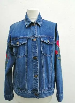 Buy Blue Denim Embroidered Red Rose Western Jean Jacket Forever 21 Small • 20£