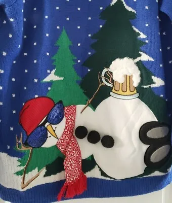 Buy Christmas - Jolly Sweater BEER Drinking Drunk Snowman Sequins Adult Large Blue • 19.20£