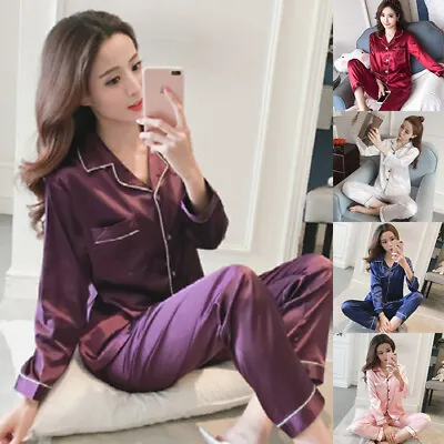 Buy Womens Satin Pyjamas Ladies PJs Silk Long Sleeve Soft Nightwear Sleepwear Set • 6.94£