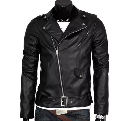 Buy Men Leather Jacket Slim Fit Motorcycle Jacket Zipper Casual Coat Spring Autumn  • 18.91£