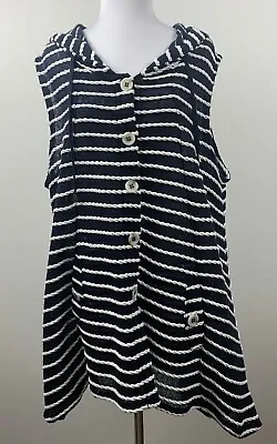 Buy For Cynthia Women’s 1X Blue & White Sleeveless Striped Hoodie Vest $88 MSRP • 19.29£