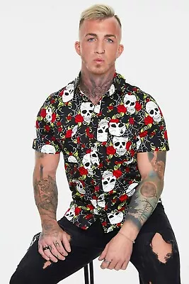 Buy Skull & Roses Mens Short Sleeve Shirt Gothic Menswear Alternative Clothing New • 39.99£