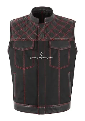 Buy Men's Biker Waistcoat Vest Cordura Black Red Stitching Quilted SOA Leather Vest • 49.88£