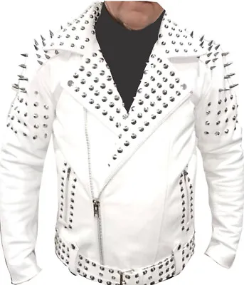 Buy Men's White Genuine Cow Leather Studded BRANDO Black Classic Biker Style Jacket • 129.99£