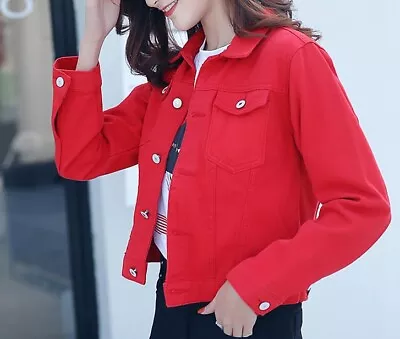 Buy Ladies Women  Red Cropped Denim Jacket Size 14 UK • 27£