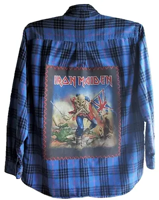 Buy Upcycled Flannel Shirt IRON MAIDEN Rock Band Music Graphic Tee On Back • 81.66£