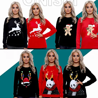 Buy Ladies Women's Xmas Elves Pandas Antlers Reindeer Gingerbread Knitted Jumper Top • 14.99£