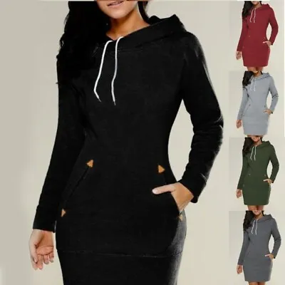 Buy Women Solid Color Long Sleeve Hoodie Dress With Pocket Zip Neckline Sweatshirt • 14.09£