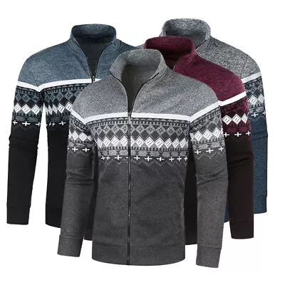 Buy Men Knitted Cardigan Jacket Pullover Zip Up Jumper Warm Thermo Fleece Lined Tops • 11.88£