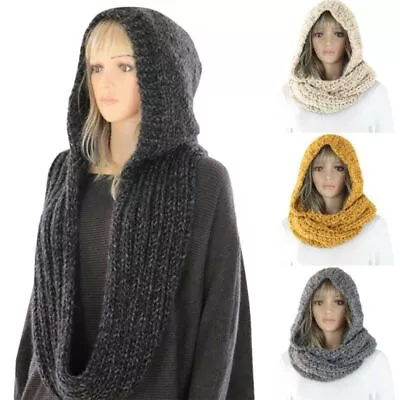 Buy Soft Hooded Scarf Polyester Wrap Circle Loop Neck Hooded Knitted Scarf  Winter • 12.08£
