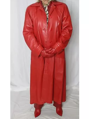 Buy Womens Leather Coat Red S-M-L Long SOFT Lambskin Vintage 80s 90s Mob Wife Rare • 269.98£