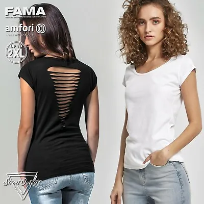 Buy Ladies Plain Round Scoop Neck T-Shirt Short Sleeve Casual Ripped Slashed Cut Top • 8.83£