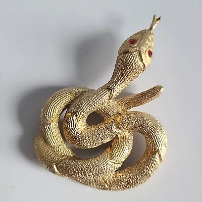 Buy Snake Red Eyes Brooch Pin Brushed Gold Tone  Large Big Huge Estate Serpent 3D • 62.40£