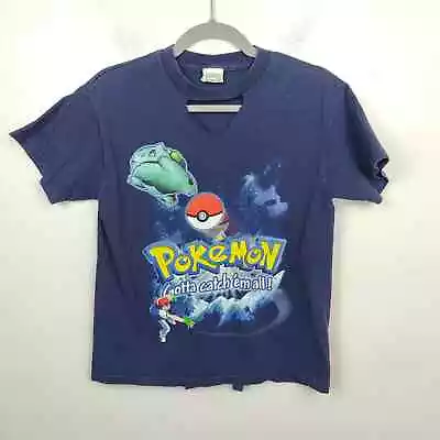 Buy Vintage 90s Pokemon T-Shirt Womens Small Youth L Navy Blue Bulbasaur DIY SLIT • 33.15£